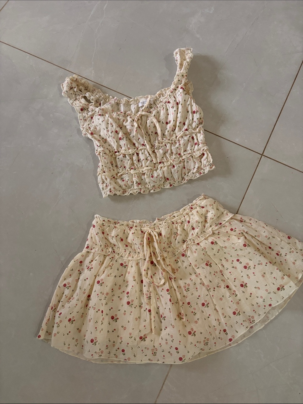 Cream Floral Smocked Crop Top & Skirt Sleep Set